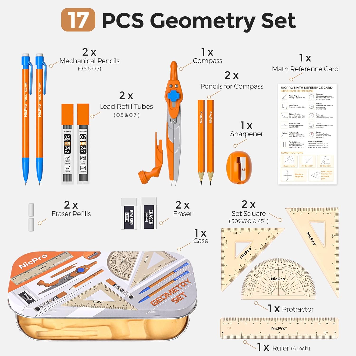 17 PCS Geometry Set for Studen - Compass Geometry Set のレビューと価格